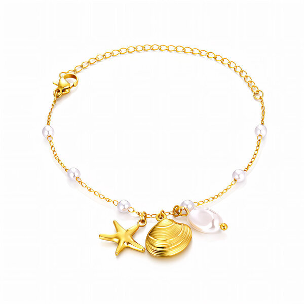 "Starfish and Seashell" Bracelet, 18K Gold Plated Steel